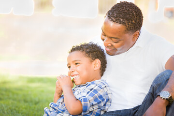 African American Father and Mixed Race Son Eating an Apple in the Park