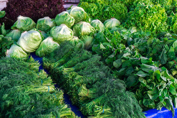 Fresh herbs and vegetables sold at oriental bazaar in Turkey