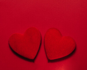 Red hearts, valentine day greeting card. Red background. Love and happy