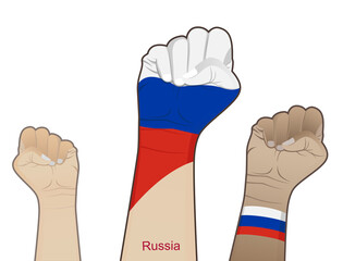 The spirit of struggle by lifting a hand with a Russian flag on it