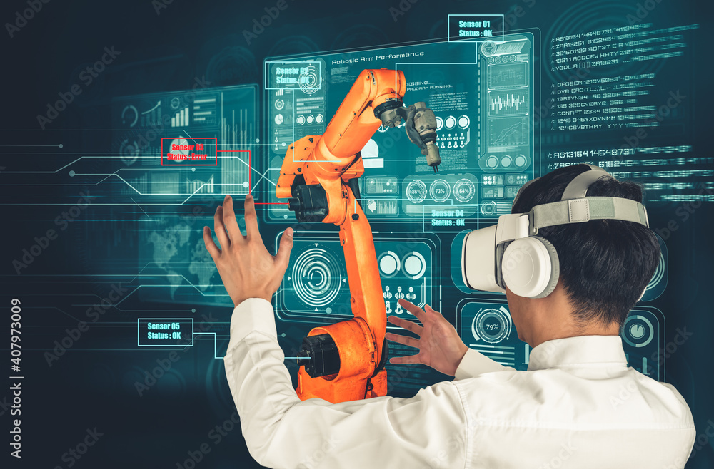 Poster engineer controls robotic arms by augmented reality industry technology application software. smart 