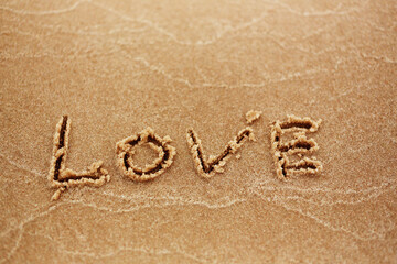 Top view LOVE lettering on the sea beach