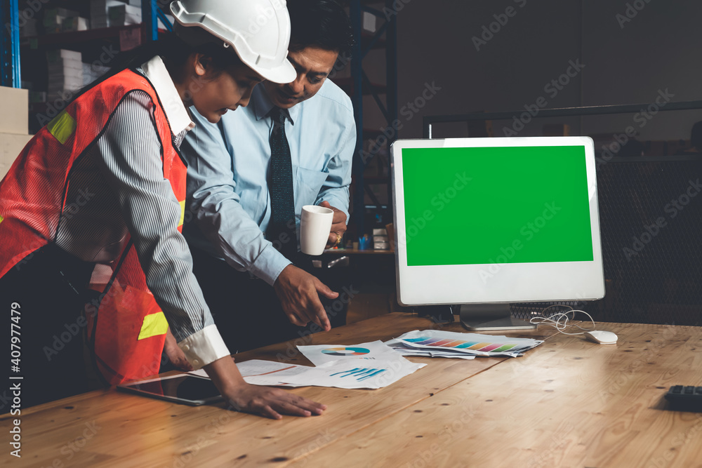 Poster computer with green screen display in warehouse storage room . delivery and transportation software 