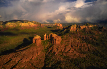 Aerial view of the mighty Cathedral Rock in Sedona in sunset