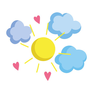cartoon sun clouds and hearts decoration icon isolated design