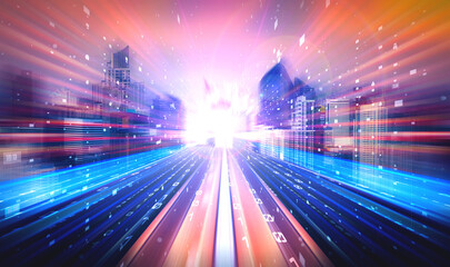 Digital data flow on road with motion blur to create vision of fast speed transfer . Concept of future digital transformation , disruptive innovation and agile business methodology .