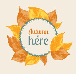 Vector vintage banner with round frame of orange leaves and decorative text. Seasonal autumn illustration for the design of promotional discount poster, cards. Imitation of drawing on old craft paper.
