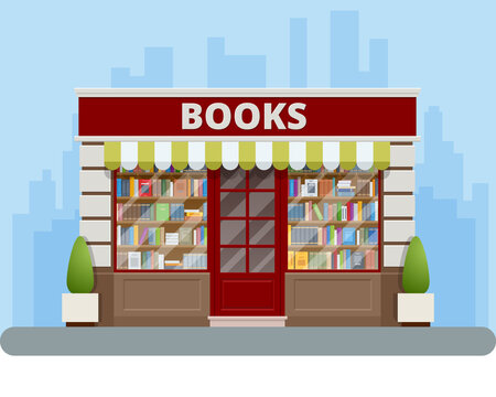 Bookstore facade in flat style isolated on white background. Books, science, knowledge. Storefront and a shelf with books.