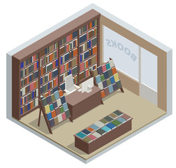 Isometric Book shop interior isolated on white background. Books, science, knowledge. Storefront and a shelf with books.