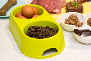 Preparing natural organic food for pets at home. Raw ingredients for pet food in bowl