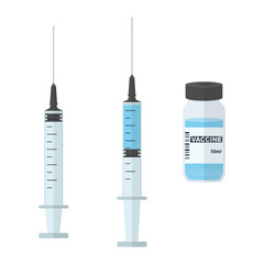 Full and empty syringe. Vaccine ampoule. Vaccination concept, isolated vector illustration.