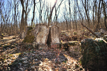 Old abandoned Jewish cemetery in the Crimea. Ukraine. Located near the city of Bakhchisarai, deep in the forest.