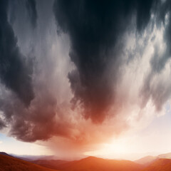 Panoramic view of a mountain range in the fog in cloudy summer weather at sunset.