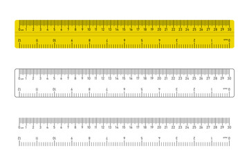 Realistic ruler icon, measuring instrument. 30 cm 12 inch ruler set. Isolated vector illustration.