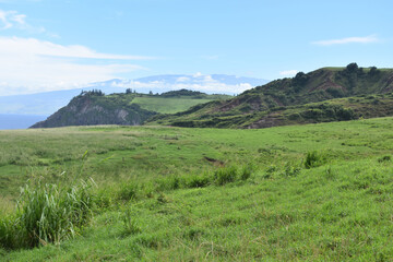 Oceanside landscape with a green rolling hill ranch along the road to Hana on the island of Maui