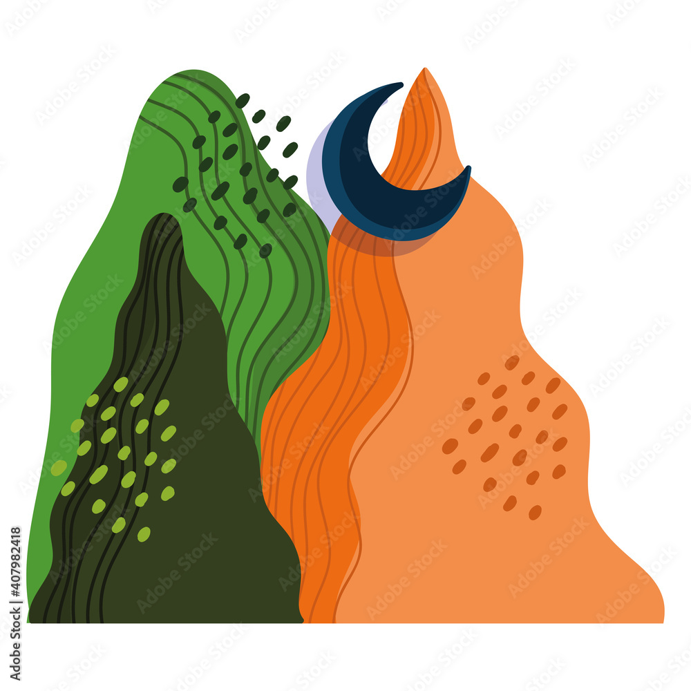 Poster abstract landscape colored mountains and half moon design