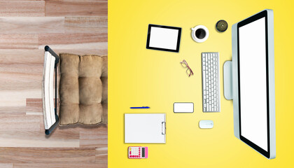 Top view over the tablet smartphone computer notebook with office style Yellow background.