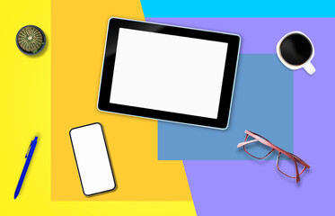  Tablet and smartphones mobile phone isolated color background office style .