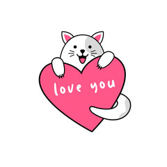 A cute cat holds a heart in its paws. Valentine s day card. Vector.