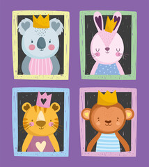 cute koala rabbit tiger and monkey with crown portrait drawn style