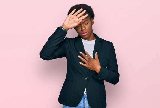 Young african american girl wearing business clothes touching forehead for illness and fever, flu and cold, virus sick