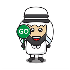 cute arab male mascot with go sign, arab man character with cute mustache on white background vector eps 10