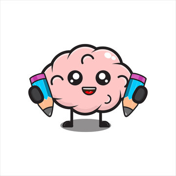 cute brain mascot illustration holding pencil, funny scrambled character on white background vector eps 10