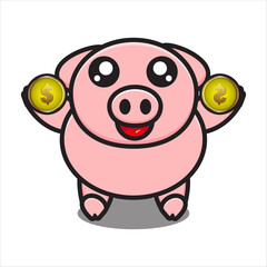 cute pig mascot holding dollar coin, cute pig character vector eps 10