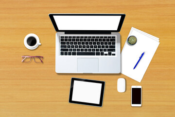Top view computer notebook and smartphones mobile phone isolated office style .