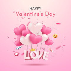 Valentine's Day Sale on pink background. Love composition with heart balloon, emoji and 3d letter design. Vector illustration template for website, posters, ads, coupons, promotional material.