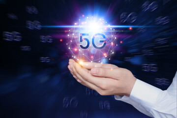 Business people are using innovative technology 5G. Mixed media, digital concepts and connecting the world.
