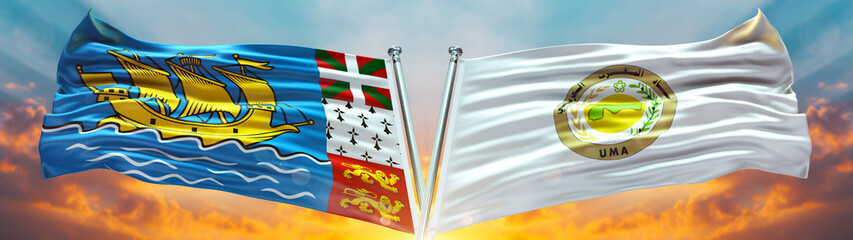 Double Flag Arab Maghreb Union اتحاد المغرب العربي AMU and Saint-Pierre and Miquelon flag waving flag with texture sky Cloud and sunset