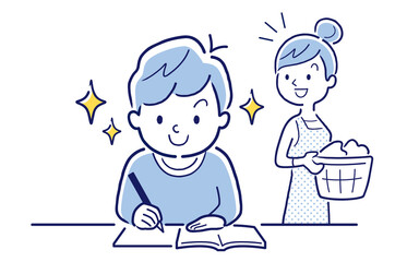 ベクターイラスト素材：進んで勉強する子供に感心する母親
