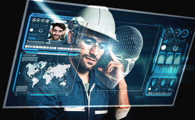 Facial recognition technology for industry worker to access machine control . Future concept interface showing digital biometric security system that analyze human face to verify personal data .