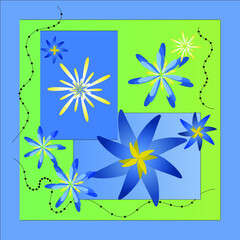 Abstract blue, white and yellow geometric star flowers, and embellishments, on a blue background