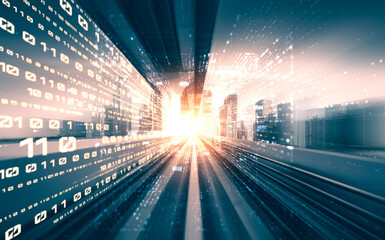 Digital data flow on road with motion blur to create vision of fast speed transfer . Concept of...