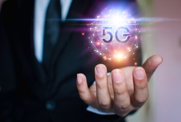 Business people are using innovative technology 5G. Mixed media, digital concepts and connecting the world.