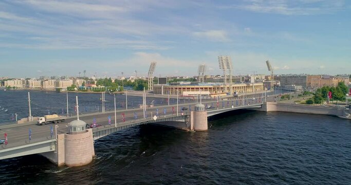 Tuchkov Bridge is a bascule bridge across Little Neva in Saint Petersburg, Russia. Aerial view
