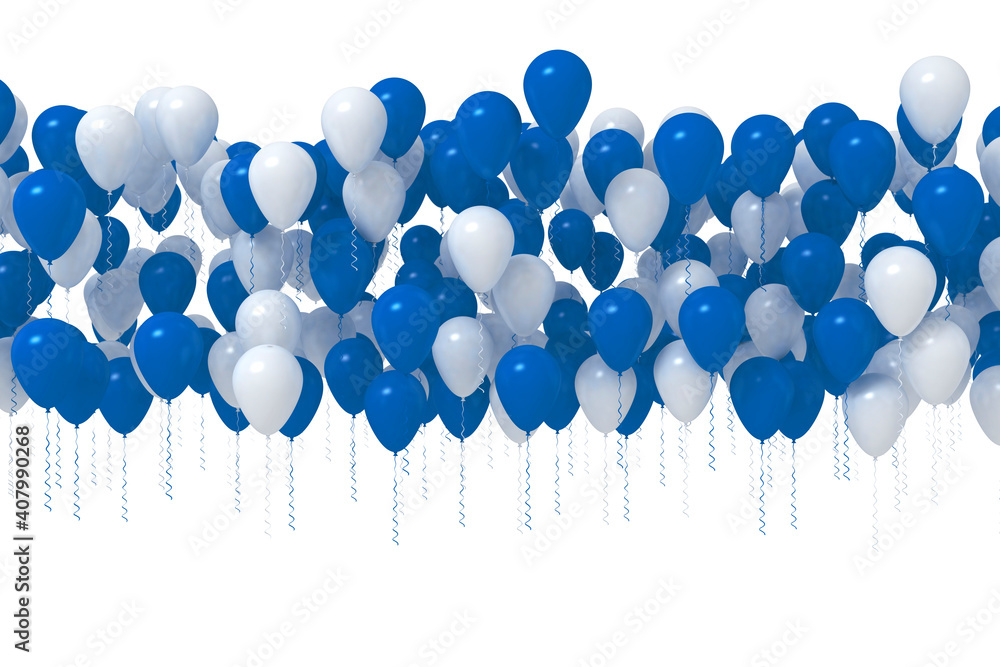 Wall mural dark blue and white party balloons in a row isolated on white background. 3d illustration