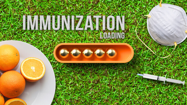 loading bar visualization with message IMMUNIZATION LOADING surrounded by a syringe, a face mask and oranges on green grass background