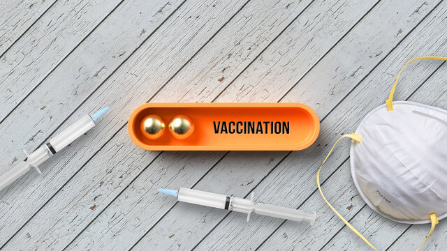 loading bar visualization with message VACCINATION surrounded by syringes and a face mask on wooden background