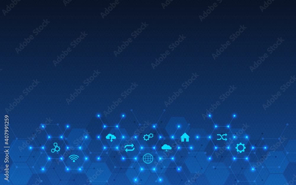 Poster illustration of technological background with flat icons and symbols. concept and idea for the inter