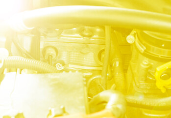 Car engine part, concept of modern vehicle motor and cut metal car engine part details