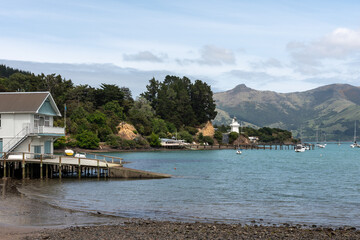 The wooden Akaroa lighthouse on Cemetery Point, Akaroa, Banks Peninsula, Canterbury, New Zealand.