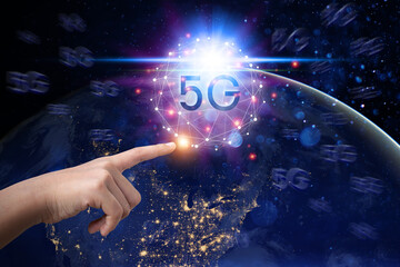 Fototapeta premium Business people are using innovative technology 5G. Mixed media, digital concepts and connecting the world.