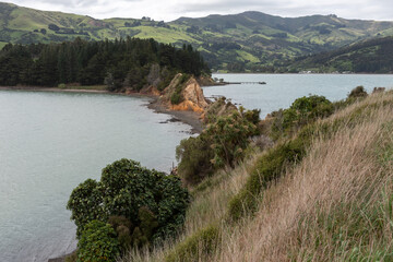 The isthmus joining Onawe Peninsula to Banks Peninsula. Viewed from Onawe Pa, Canterbury, New...