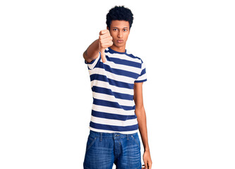 Fototapeta premium Young african american man wearing casual clothes looking unhappy and angry showing rejection and negative with thumbs down gesture. bad expression.