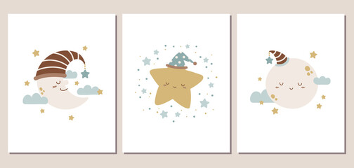 Set of cute moon and star cards or posters for baby shower, invitation, room decoration, and more. Moon and star characters in neutral colors.