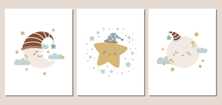 Set Of Cute Moon And Star Cards Or Posters For Baby Shower, Invitation, Room Decoration, And More. Moon And Star Characters In Neutral Colors.