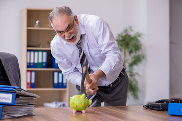 Old male employee holding hatchet in budget planning concept